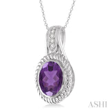 Silver Oval Shape Gemstone & Diamond Pendant