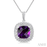 1/20 ctw Cushion Shape 10X10 MM Amethyst and Round Cut Diamond Semi Precious Pendant With Chain in Sterling Silver